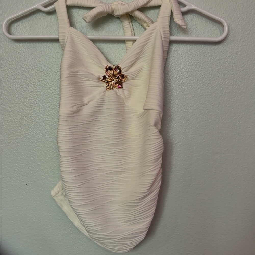 SHEIN white (photo looks cream) halter top with gold decal, ties in the back :)